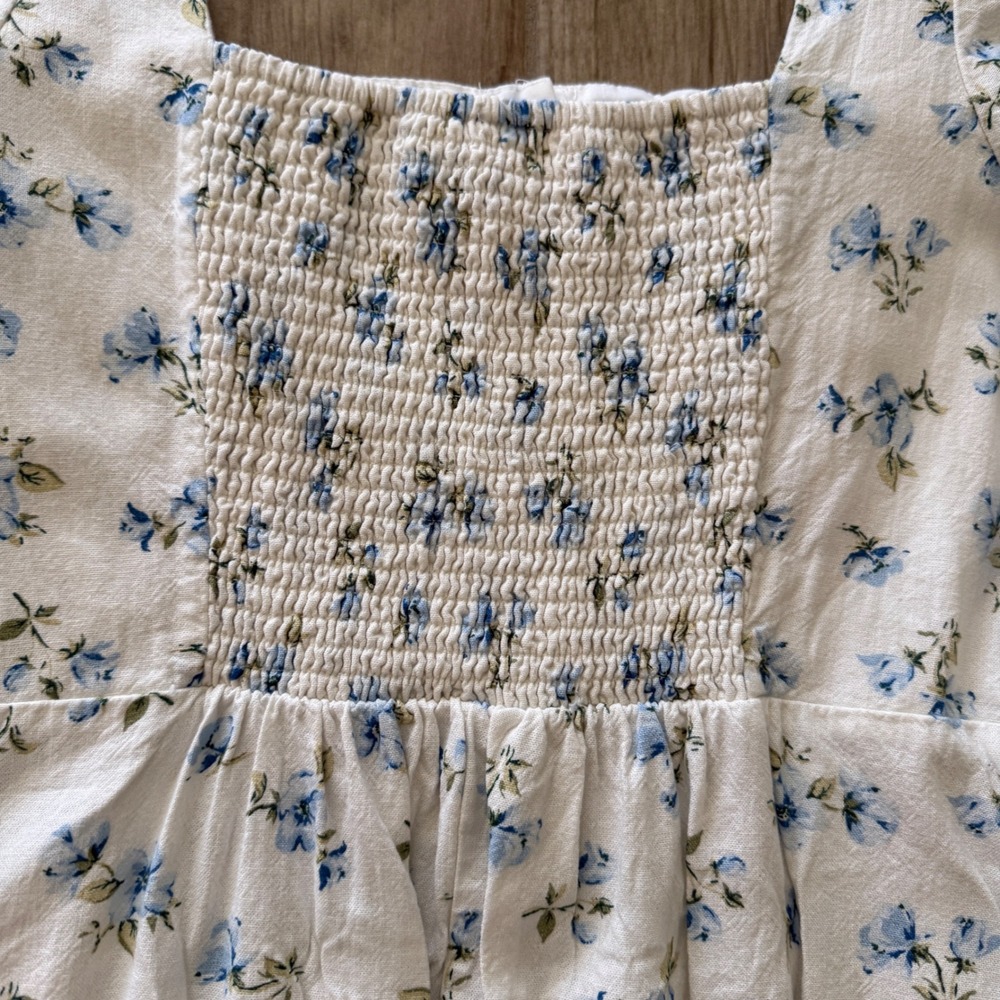Old Navy Floral Puff Sleeve Button Up Mini Dress White Blue Square Neck Smocked - Picture 8 of 12